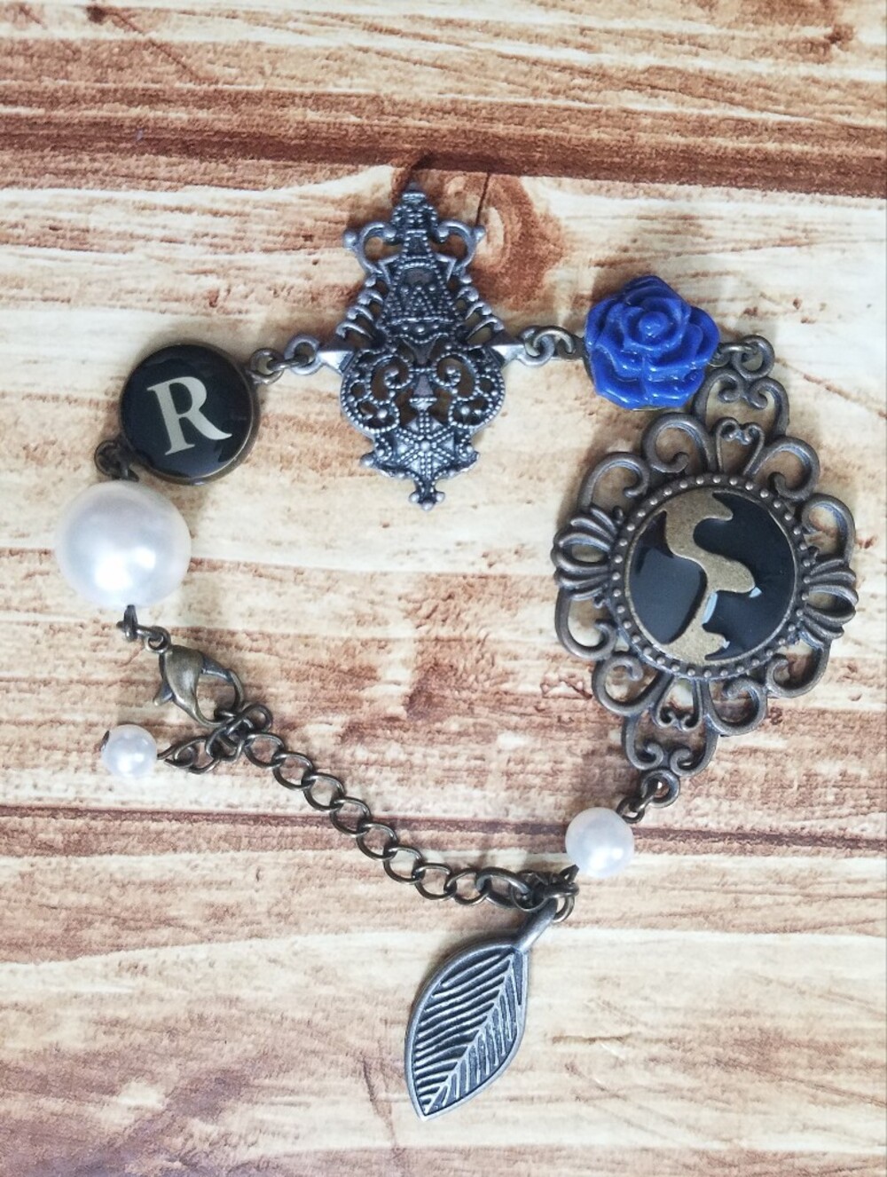 DaySpring Redeemed Vintage Brass Charm Bracelet Blue Rose Pearl Initial R 75